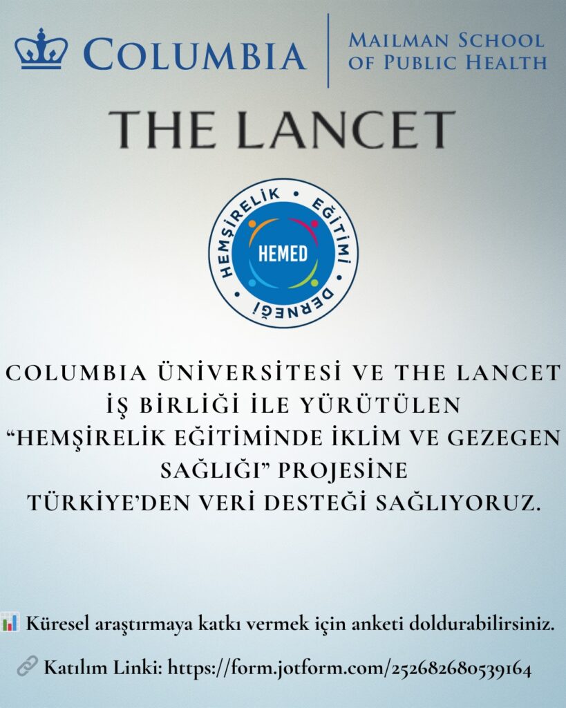 Hemşirelik Eğitimi Derneği, Columbia Üniversitesi ve The Lancet iş birliğiyle yürütülen “Hemşirelik Eğitiminde İklim ve Gezegen Sağlığı” adlı uluslararası projeye Türkiye temsilcisi olarak destek vermektedir. Bu proje, hemşirelik eğitiminde iklim ve gezegen sağlığına ilişkin küresel bir veri seti oluşturmayı ve Türkiye’deki mevcut durumu dünya verileriyle karşılaştırmayı amaçlamaktadır. 📊 Anketi doldurarak siz de bu önemli araştırmaya katkı sağlayabilirsiniz.