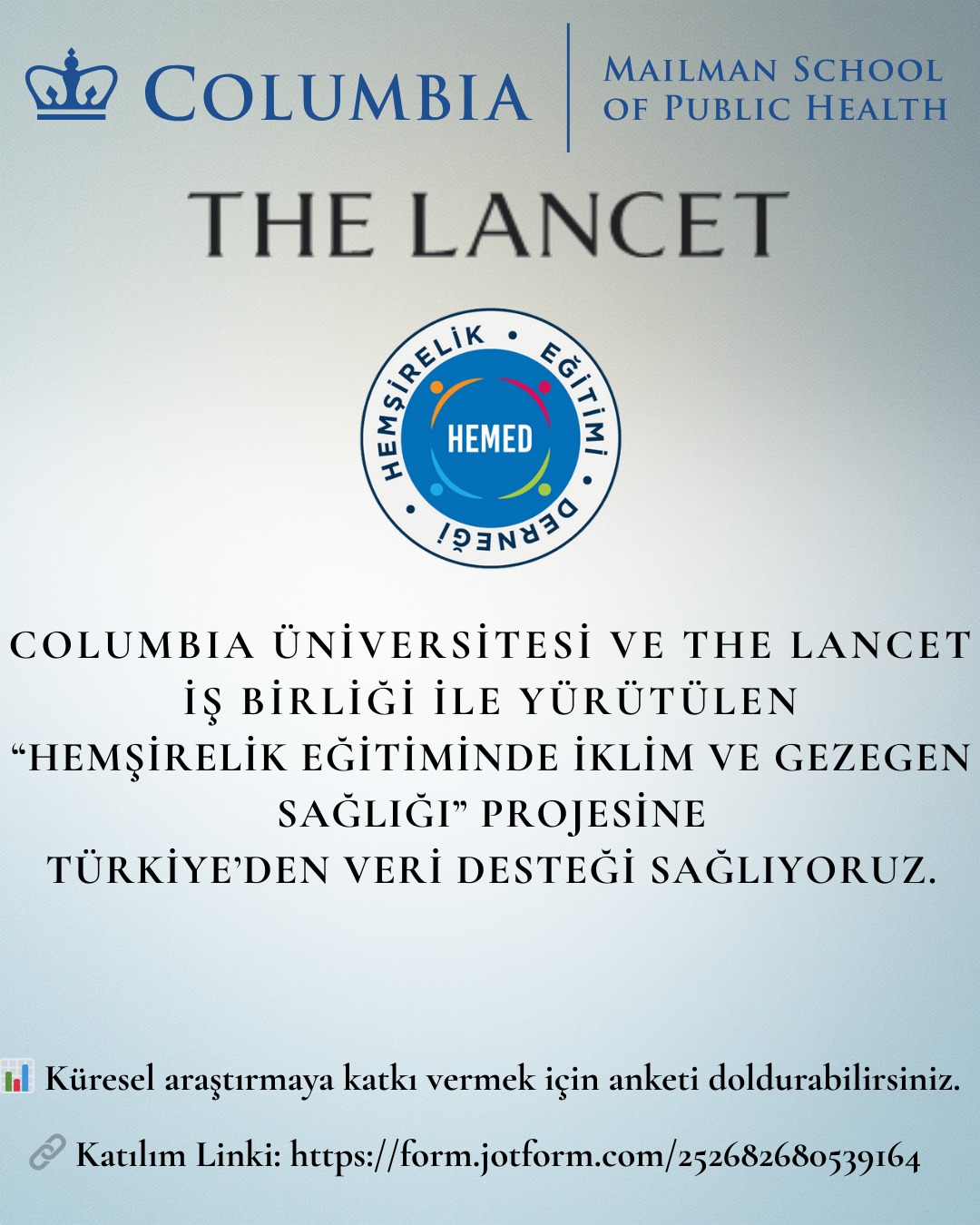Hemşirelik Eğitimi Derneği, Columbia Üniversitesi ve The Lancet iş birliğiyle yürütülen “Hemşirelik Eğitiminde İklim ve Gezegen Sağlığı” adlı uluslararası projeye Türkiye temsilcisi olarak destek vermektedir. Bu proje, hemşirelik eğitiminde iklim ve gezegen sağlığına ilişkin küresel bir veri seti oluşturmayı ve Türkiye’deki mevcut durumu dünya verileriyle karşılaştırmayı amaçlamaktadır. 📊 Anketi doldurarak siz de bu önemli araştırmaya katkı sağlayabilirsiniz.
